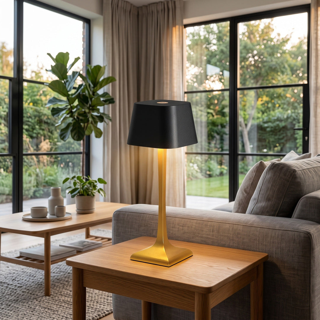 Cordless Rechargeable Table Lamp - Empire Shade with Column Stem styled in a home interior