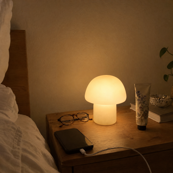 Mushroom table lamp glowing on a bedside table at night