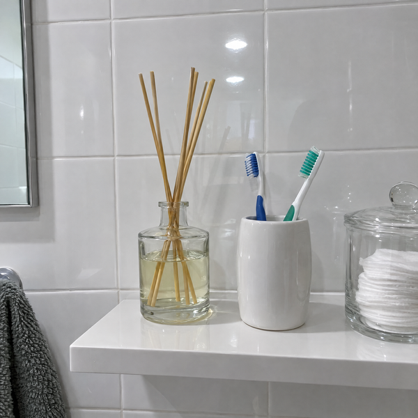 Reed diffuser on a bathroom shelf