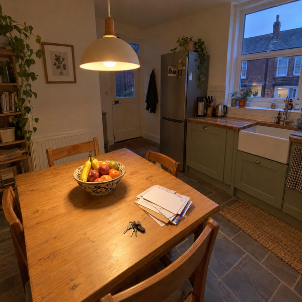 Pendant light glowing over a kitchen table in the evening