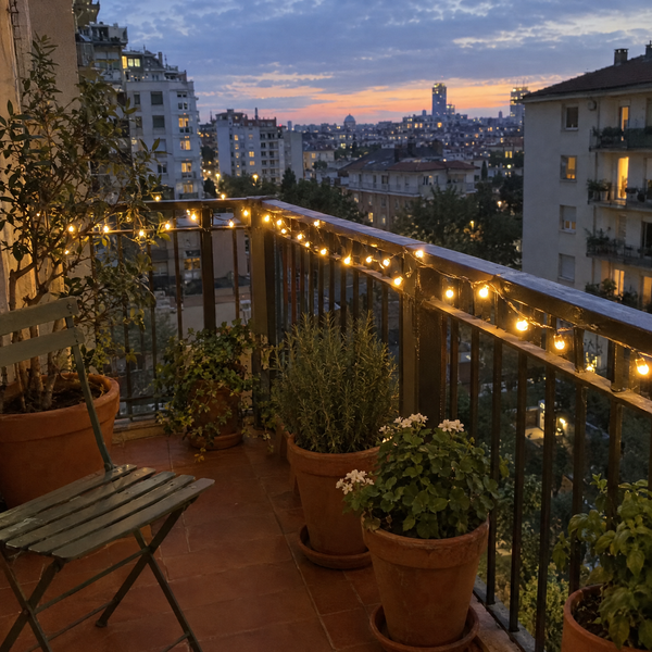 String lights on an apartment balcony at dusk
