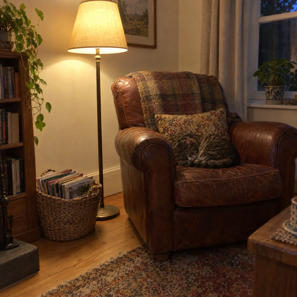 Floor lamp glowing beside an armchair with a sleeping cat