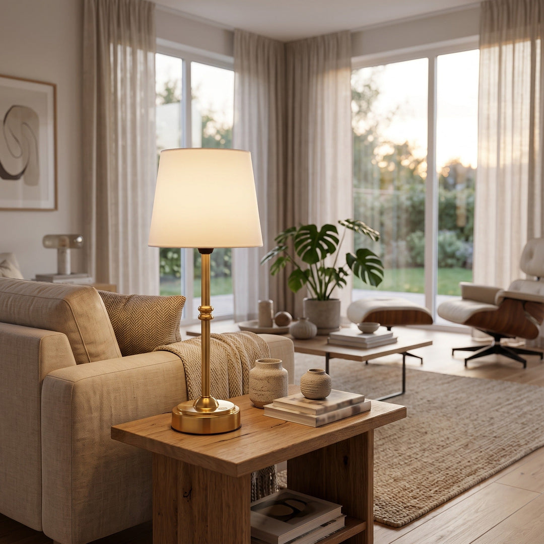 Table Lamp - Tapered Shade with Turned Stem styled in a home interior