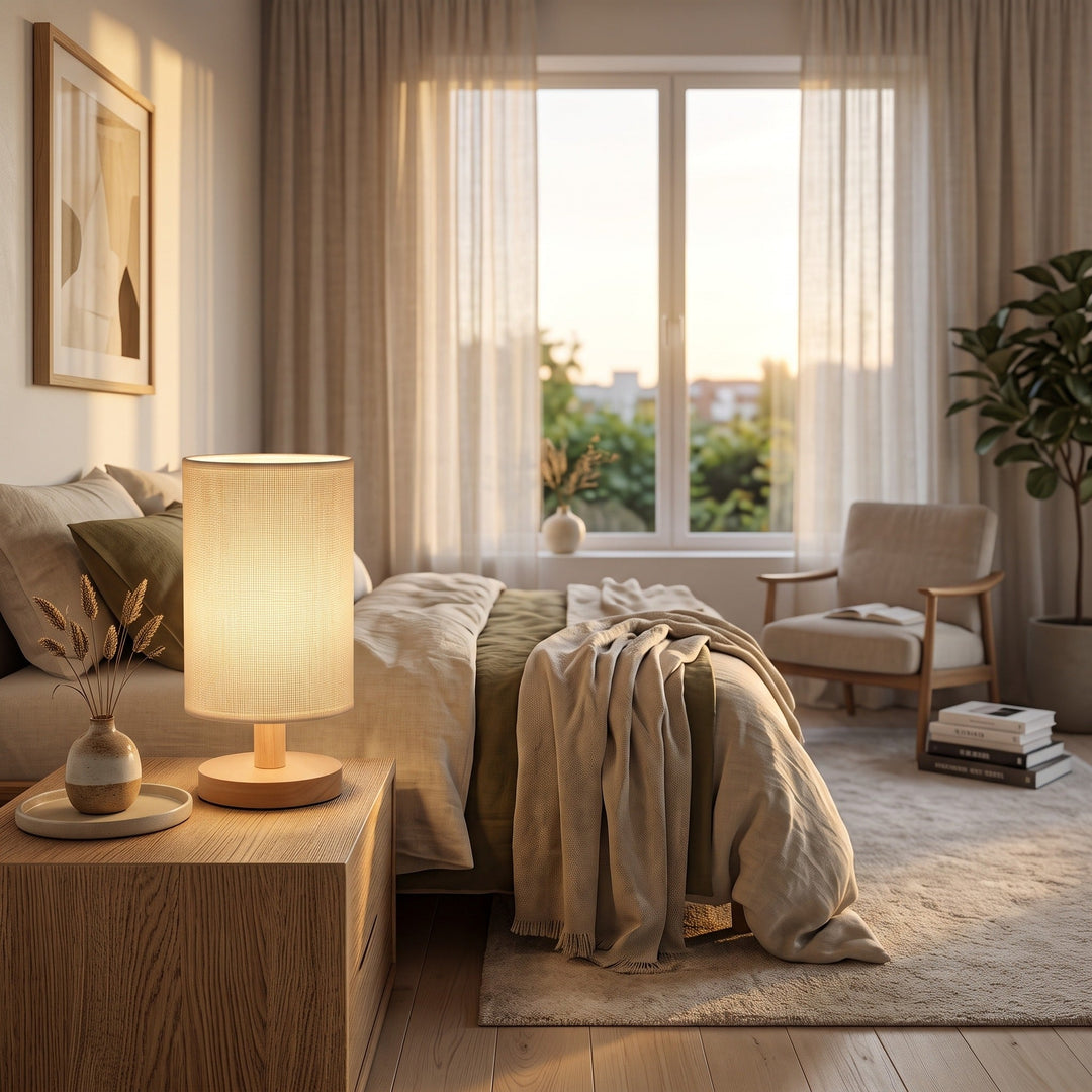 Table Lamp with Cylindrical Lampshade - Japandi Style styled in a home interior